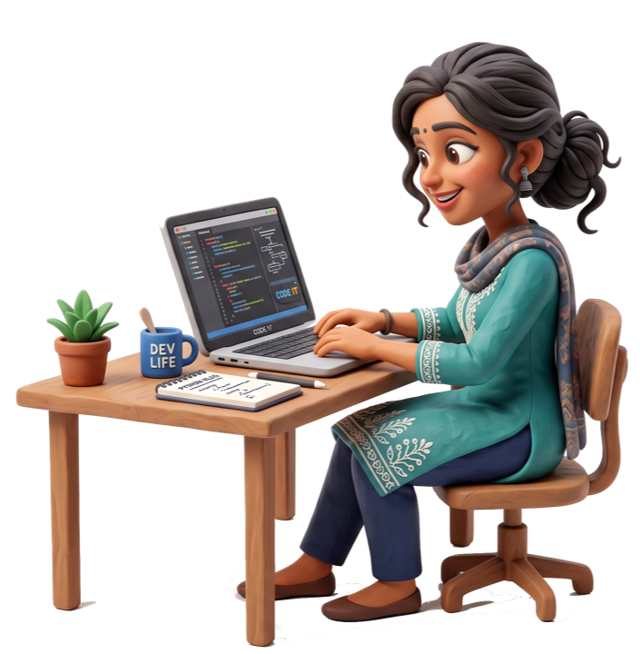Clay character of an Indian woman developer working on a laptop
