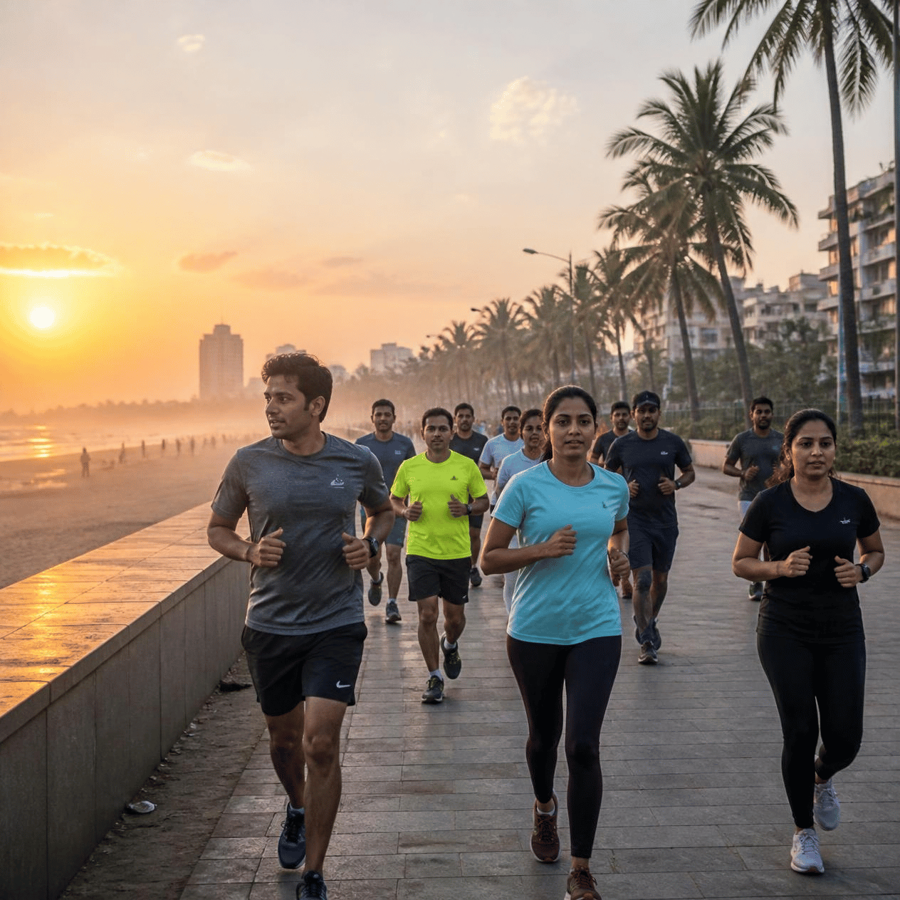 Runners training on a beachside road at sunrise