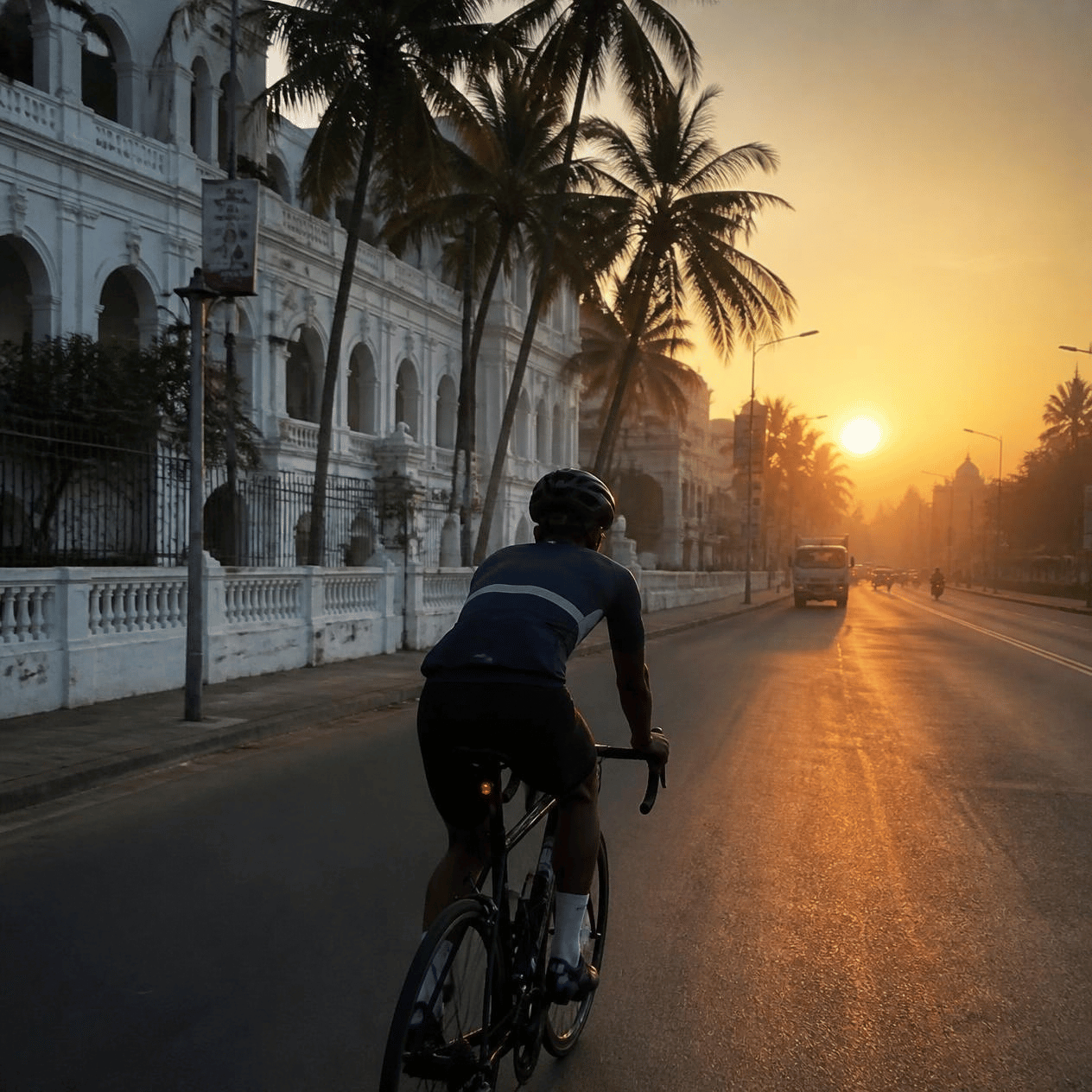 Solo cyclist riding at dawn