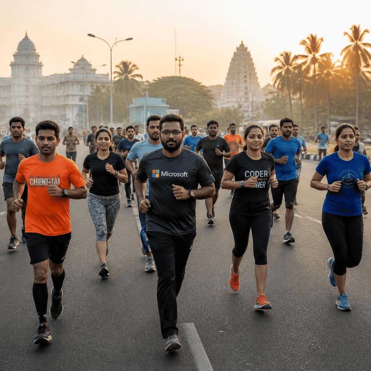 Group of tech runners training together on a city road in the morning