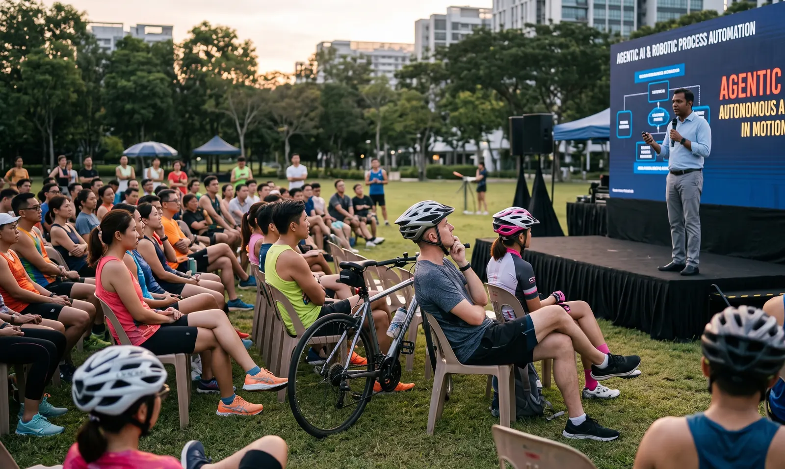 Concept visual of a speaker presenting an Agentic AI session on an outdoor stage to cyclists and runners