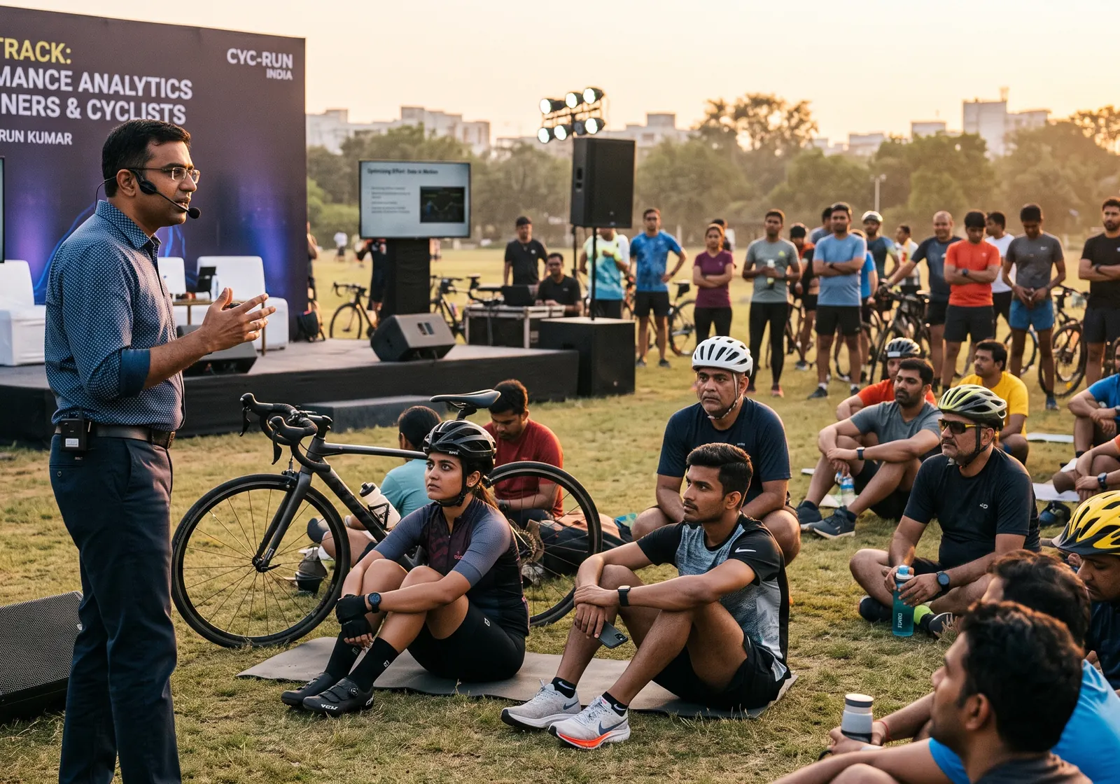 Concept visual of a speaker briefing riders and runners seated on the ground with bicycles