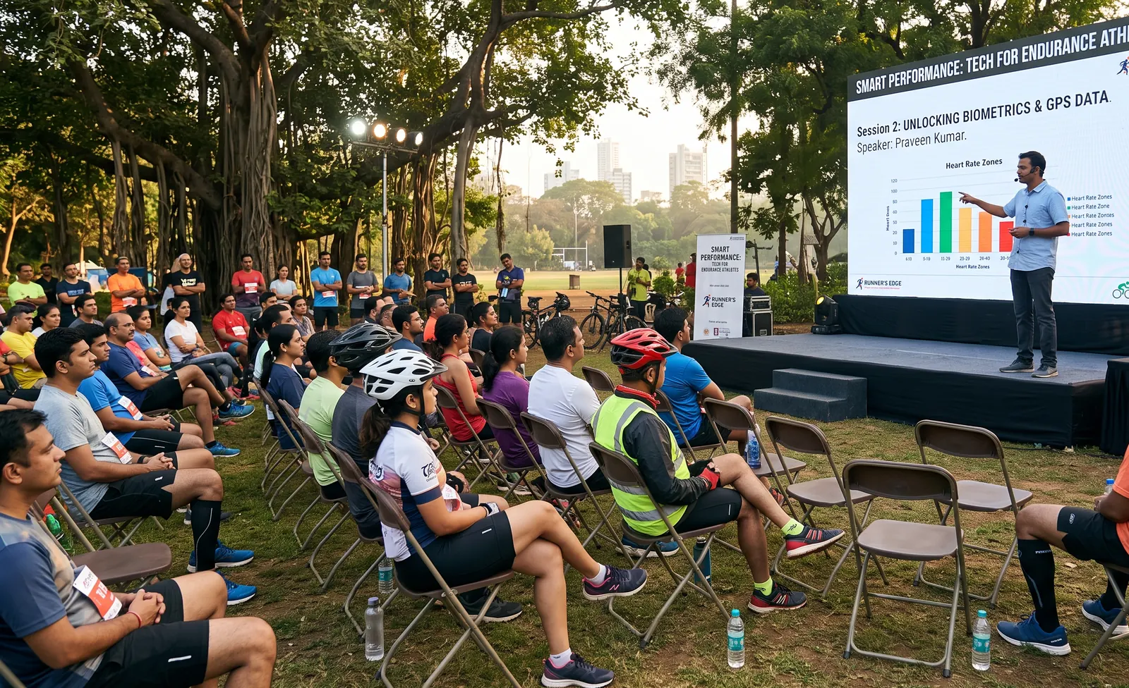 Concept visual of a keynote explaining heart-rate zones and GPS data to cyclists and runners